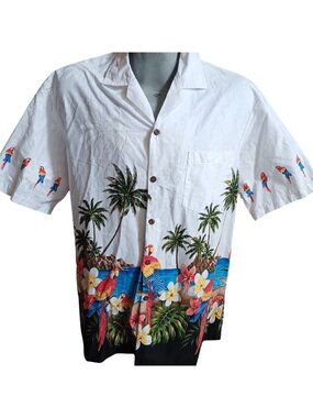 Large Hawaiian Shirt  Pacific Legend Tropical Print Palm Trees Parrots Cotton